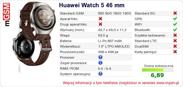Dane telefonu Huawei Watch 5 46 mm