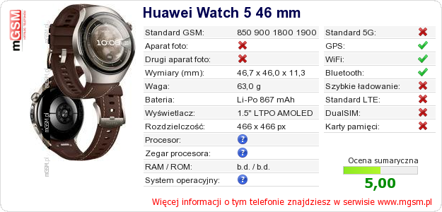 Dane telefonu Huawei Watch 5 46 mm