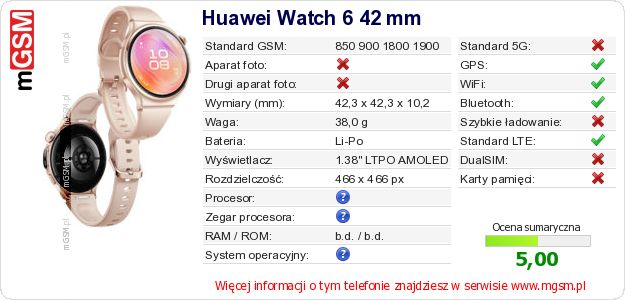 Dane telefonu Huawei Watch 6 42 mm