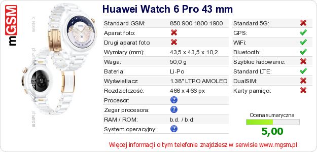 Dane telefonu Huawei Watch 6 Pro 43 mm