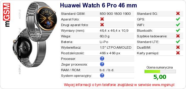 Dane telefonu Huawei Watch 6 Pro 46 mm
