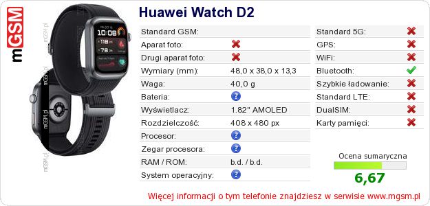 Dane telefonu Huawei Watch D2