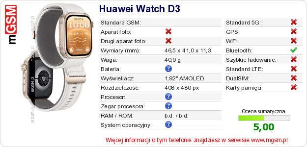 Dane telefonu Huawei Watch D3 Dane telefonu Huawei Watch D3