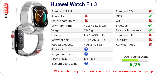 Dane telefonu Huawei Watch Fit 3