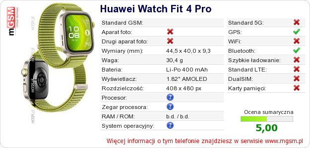 Dane telefonu Huawei Watch Fit 4 Pro