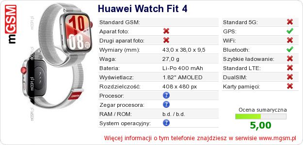 Dane telefonu Huawei Watch Fit 4 Dane telefonu Huawei Watch Fit 4