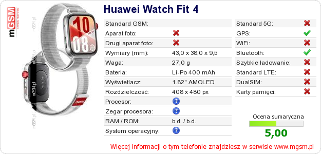 Dane telefonu Huawei Watch Fit 4