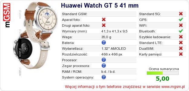 Dane telefonu Huawei Watch GT 5 41 mm