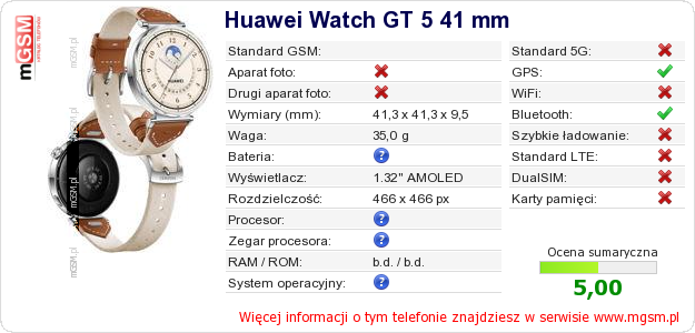 Dane telefonu Huawei Watch GT 5 41 mm