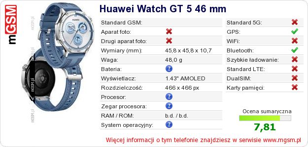 Dane telefonu Huawei Watch GT 5 46 mm Dane telefonu Huawei Watch GT 5 46 mm