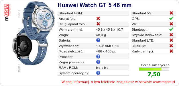 Dane telefonu Huawei Watch GT 5 46 mm Dane telefonu Huawei Watch GT 5 46 mm