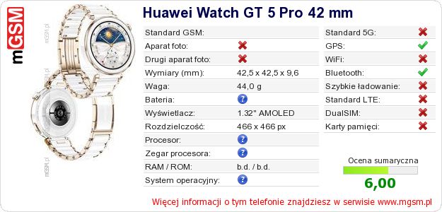 Dane telefonu Huawei Watch GT 5 Pro 42 mm