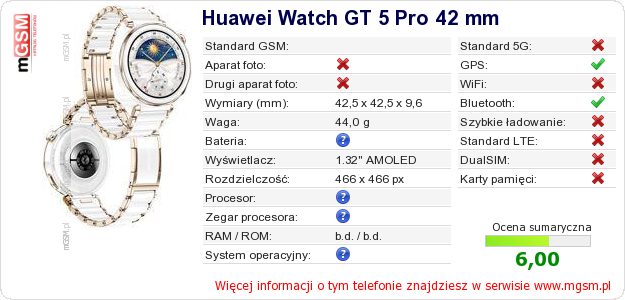 Dane telefonu Huawei Watch GT 5 Pro 42 mm