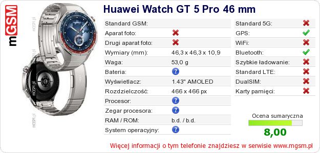 Dane telefonu Huawei Watch GT 5 Pro 46 mm