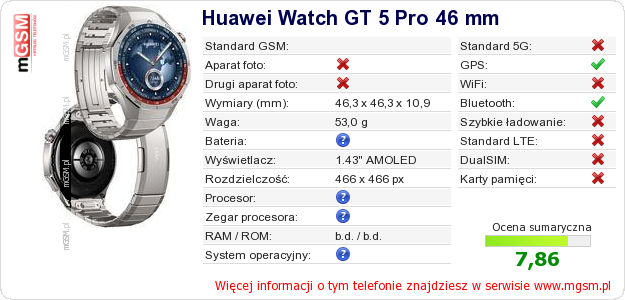 Dane telefonu Huawei Watch GT 5 Pro 46 mm