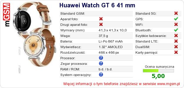 Dane telefonu Huawei Watch GT 6 41 mm