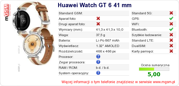 Dane telefonu Huawei Watch GT 6 41 mm