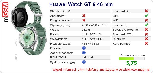 Dane telefonu Huawei Watch GT 6 46 mm Dane telefonu Huawei Watch GT 6 46 mm