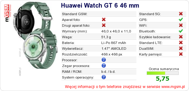 Dane telefonu Huawei Watch GT 6 46 mm
