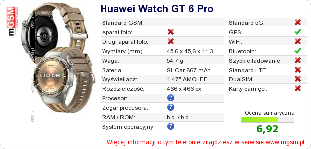 Dane telefonu Huawei Watch GT 6 Pro Dane telefonu Huawei Watch GT 6 Pro