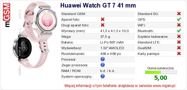 Dane telefonu Huawei Watch GT 7 41 mm Dane telefonu Huawei Watch GT 7 41 mm