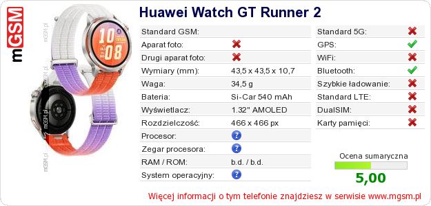 Dane telefonu Huawei Watch GT Runner 2