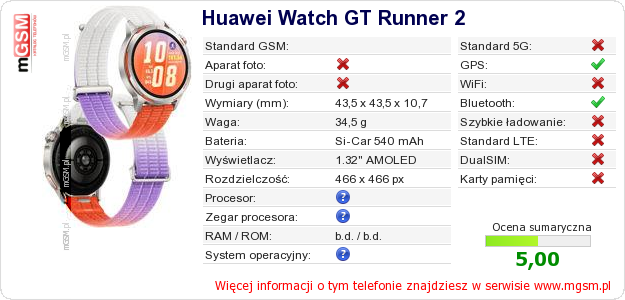 Dane telefonu Huawei Watch GT Runner 2