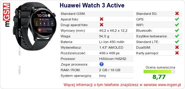 Dane telefonu Huawei Watch 3 Active Dane telefonu Huawei Watch 3 Active