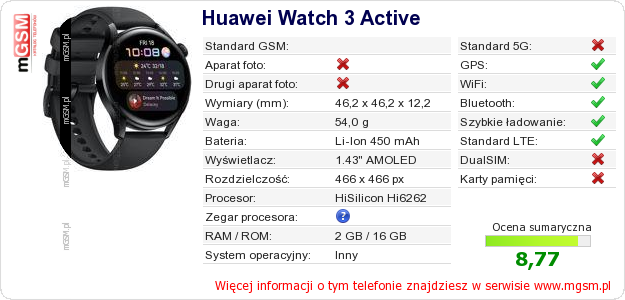 Dane telefonu Huawei Watch 3 Active