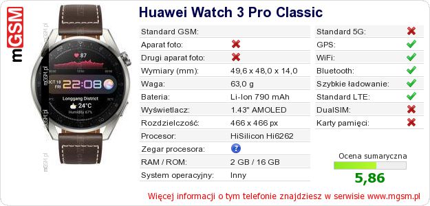 Dane telefonu Huawei Watch 3 Pro Classic