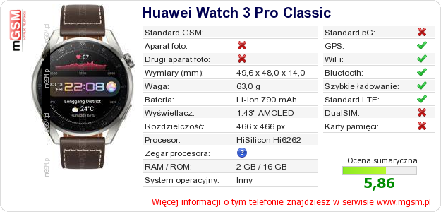 Dane telefonu Huawei Watch 3 Pro Classic