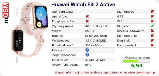 Dane telefonu Huawei Watch Fit 2 Active