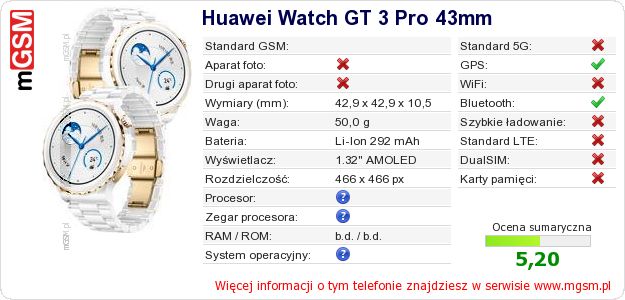Dane telefonu Huawei Watch GT 3 Pro 43mm