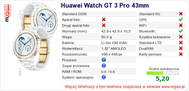 Dane telefonu Huawei Watch GT 3 Pro 43mm