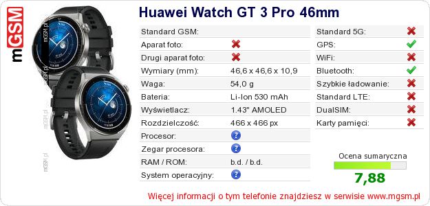 Dane telefonu Huawei Watch GT 3 Pro 46mm Dane telefonu Huawei Watch GT 3 Pro 46mm