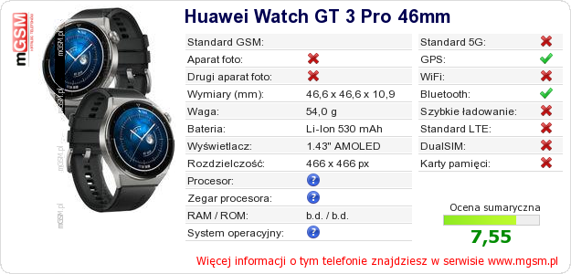 Dane telefonu Huawei Watch GT 3 Pro 46mm