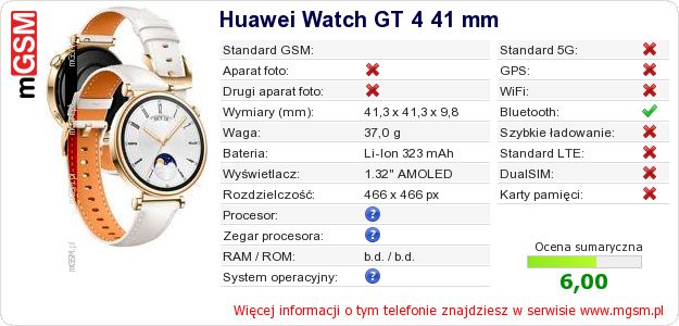 Dane telefonu Huawei Watch GT 4 41 mm Dane telefonu Huawei Watch GT 4 41 mm