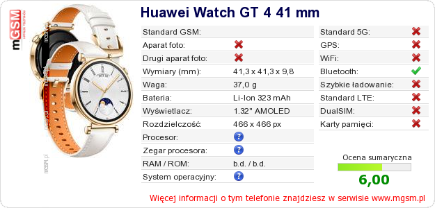 Dane telefonu Huawei Watch GT 4 41 mm