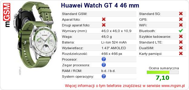 Dane telefonu Huawei Watch GT 4 46 mm Dane telefonu Huawei Watch GT 4 46 mm