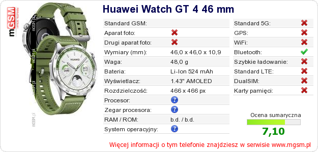 Dane telefonu Huawei Watch GT 4 46 mm Dane telefonu Huawei Watch GT 4 46 mm