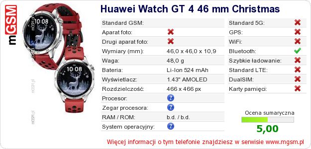 Dane telefonu Huawei Watch GT 4 46 mm Christmas