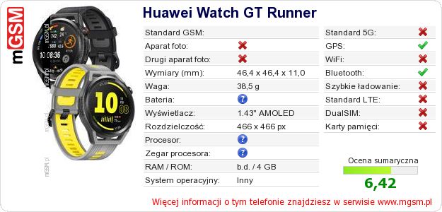 Dane telefonu Huawei Watch GT Runner
