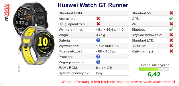 Dane telefonu Huawei Watch GT Runner