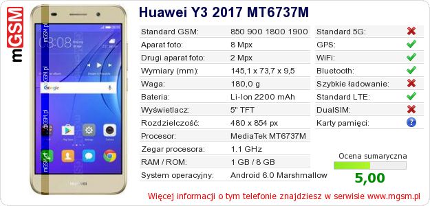 Dane telefonu Huawei Y3 2017 MT6737M