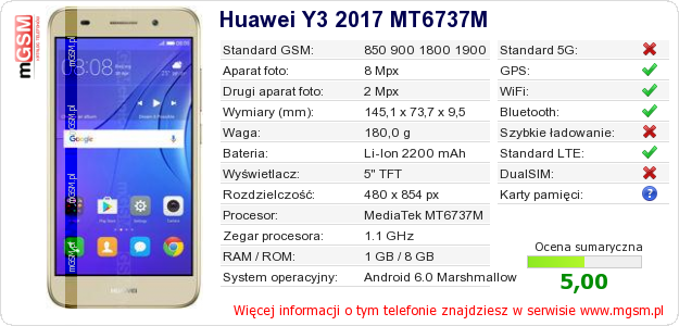 Dane telefonu Huawei Y3 2017 MT6737M