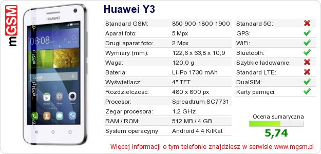 Dane telefonu Huawei Y3 Dane telefonu Huawei Y3