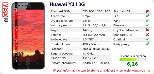 Dane telefonu Huawei Y3II 3G