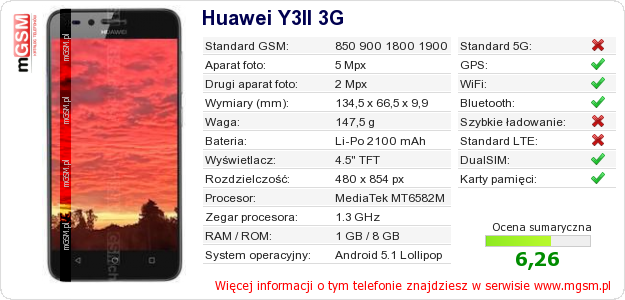 Dane telefonu Huawei Y3II 3G