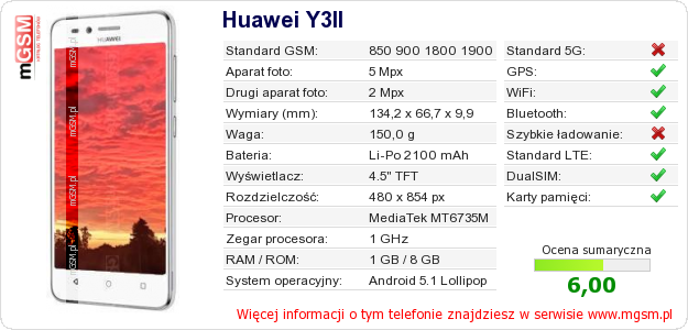 Dane telefonu Huawei Y3II