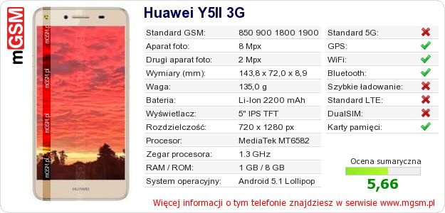 Dane telefonu Huawei Y5II 3G Dane telefonu Huawei Y5II 3G